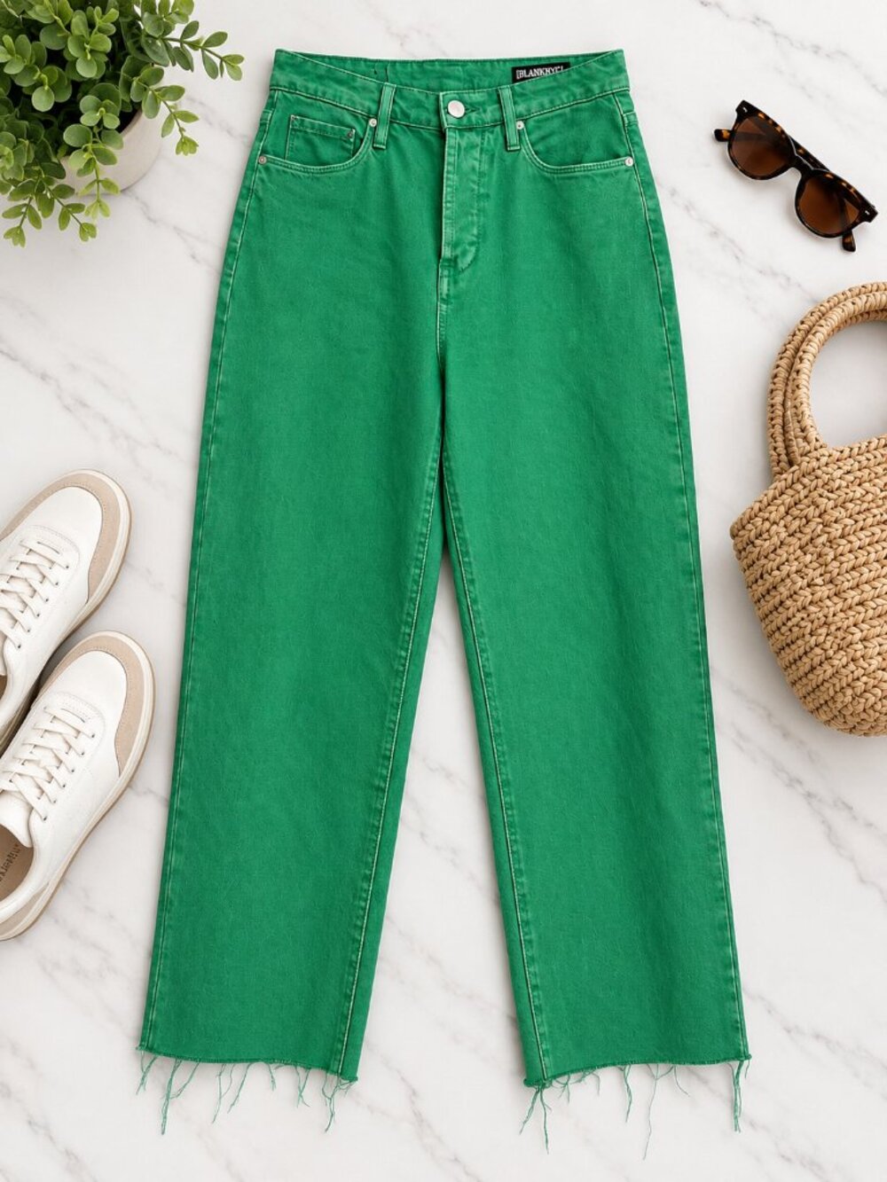 BLANKNYC Size 25 Green High Rise Straight Leg Jeans Raw Hem Denim